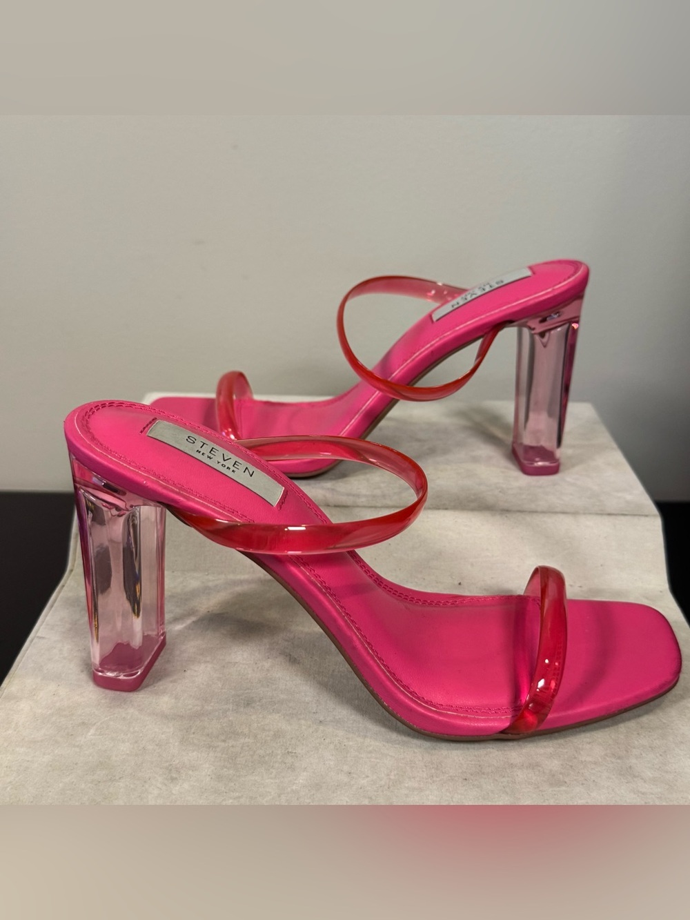 STEVEN New York Hot Pink Clear-Strap Block Heel Sandals, size 8.5, NWOT